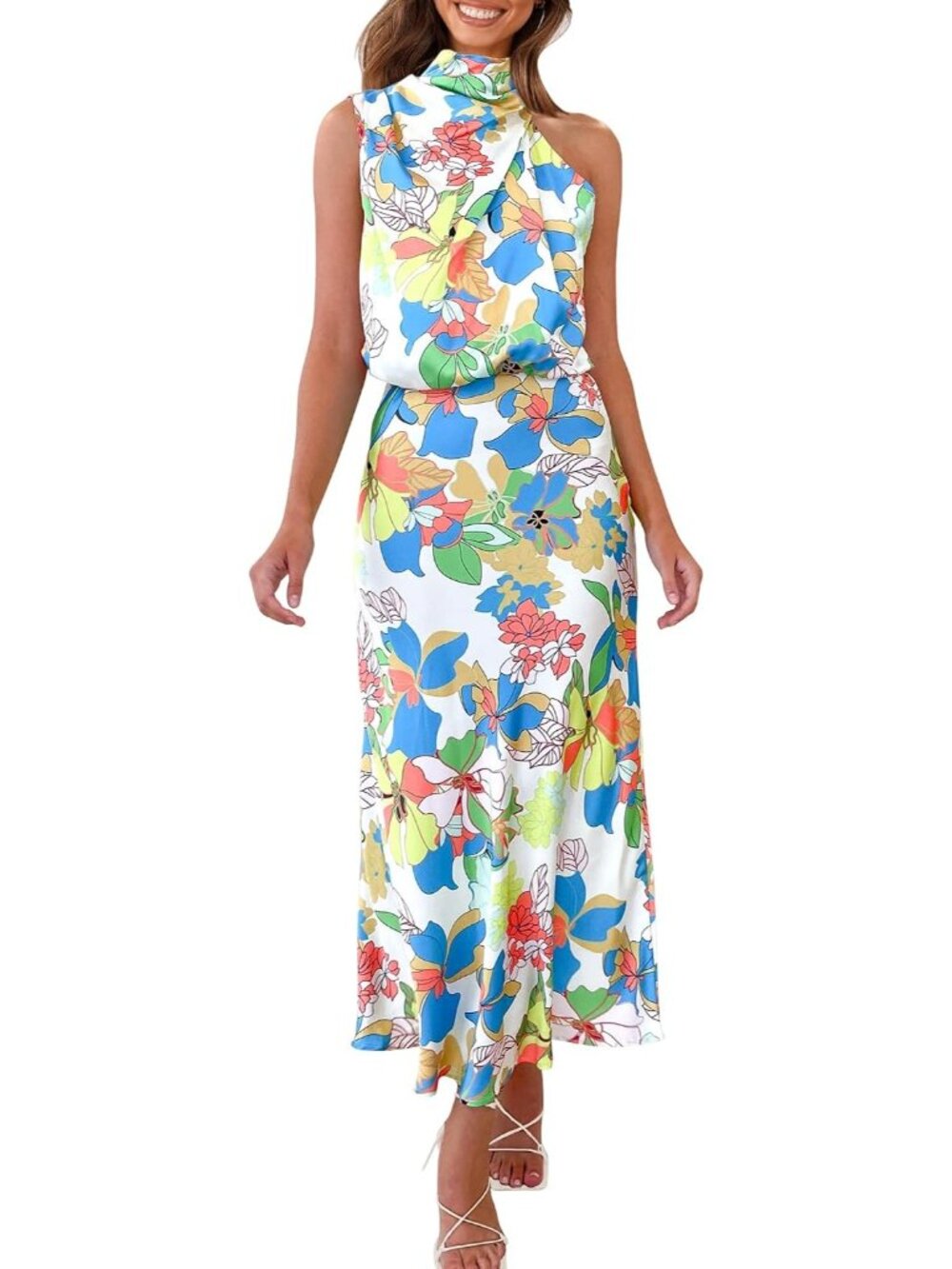 Women's Multicolored Silk Fabric Sleeveless Mock Neck Satin Maxi Cocktail Dress